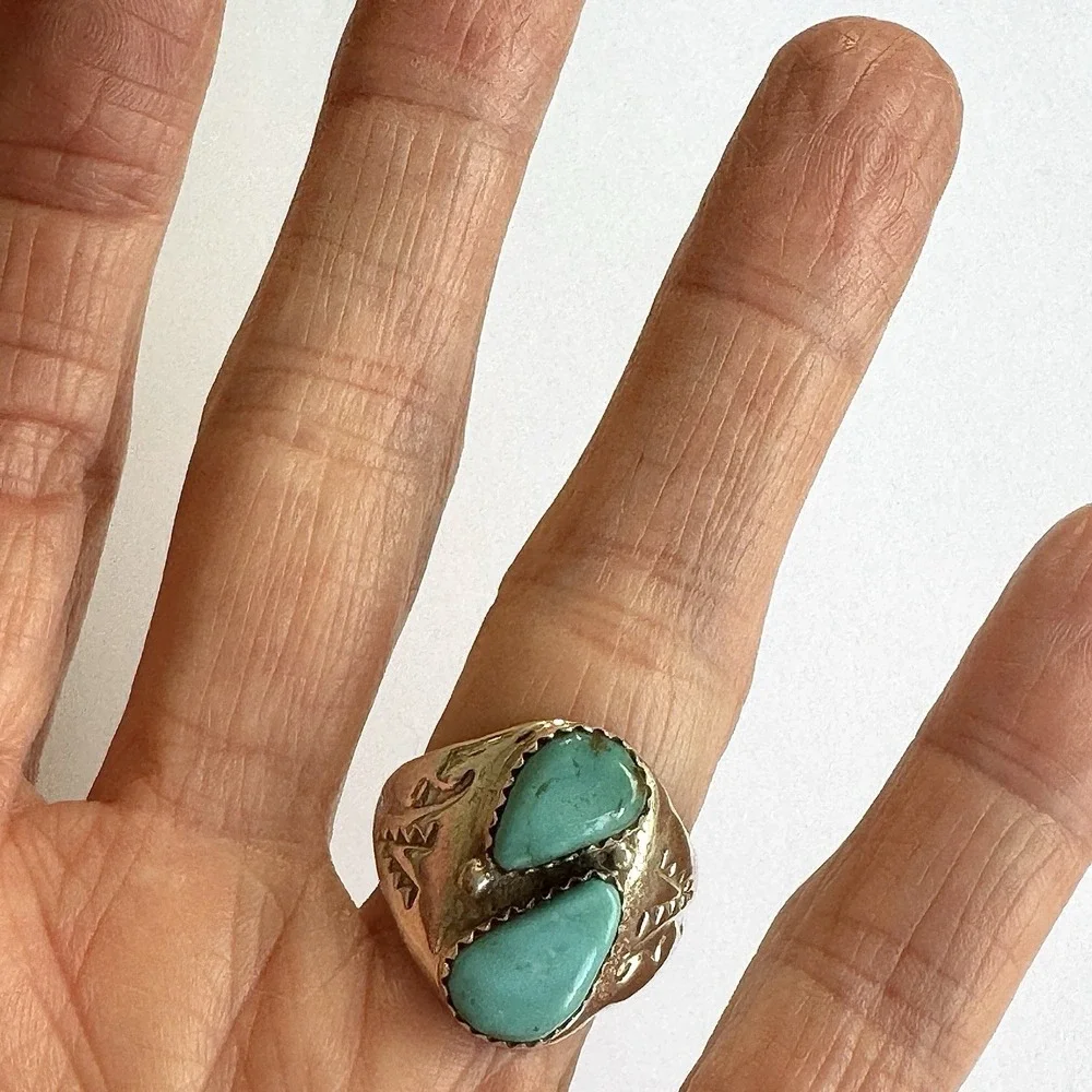 Mens Turquoise Navajo Band Sz 9 Two Stone Ring 21mm Signed ML Handmade Native